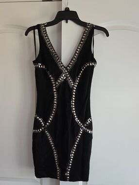 bebe Black Studded V-Neck Mini Dress